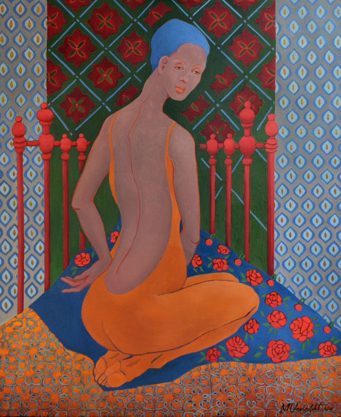 Painting by Marina Venediktova Roses on blue silk