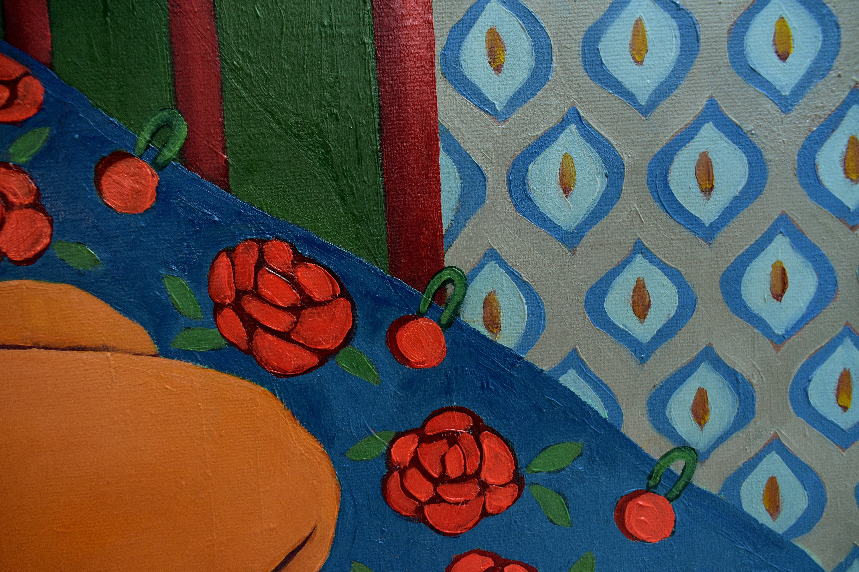 Painting by Marina Venediktova Roses on blue silk detail