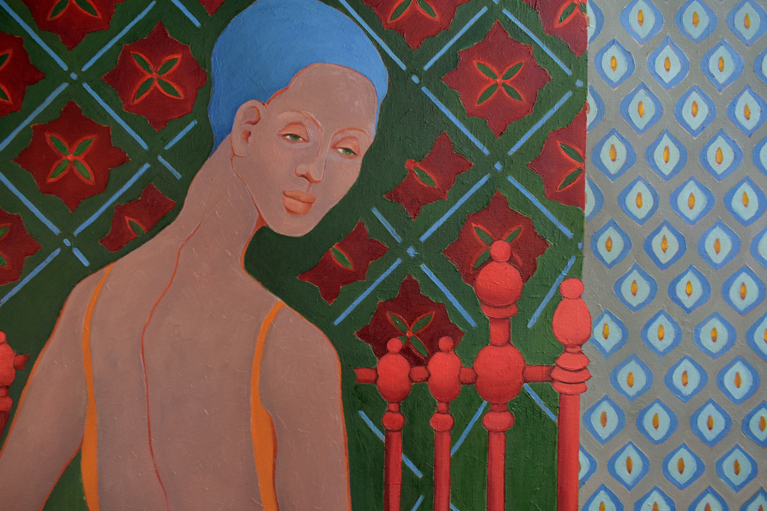 Painting by Marina Venediktova Roses on blue silk detail