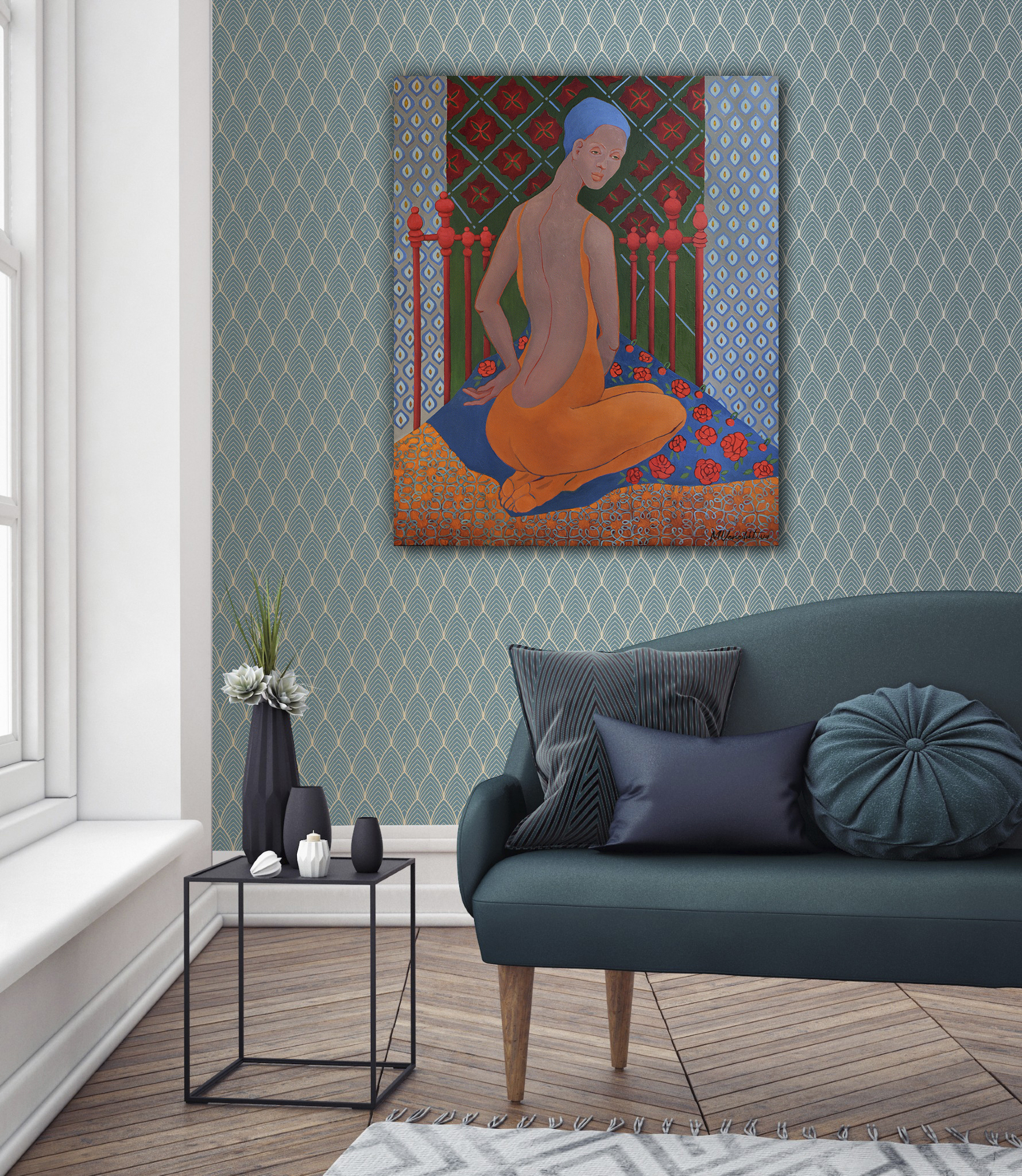 Painting by Marina Venediktova Roses on blue silk interior