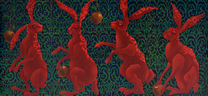 Painting by Marina Venediktova Red rabbits collect golden apples