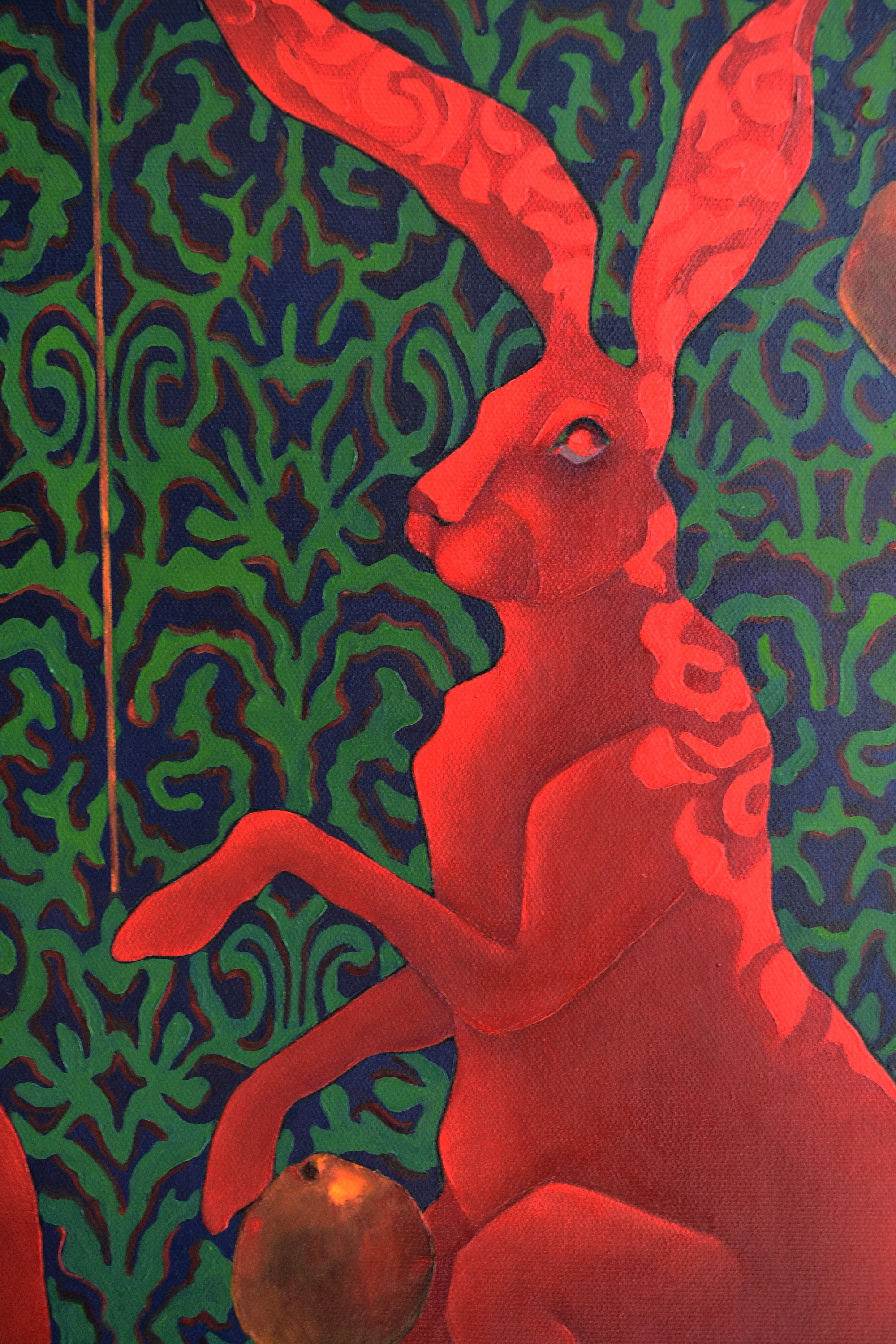 Painting by Marina Venediktova Red rabbits collect golden apples detail