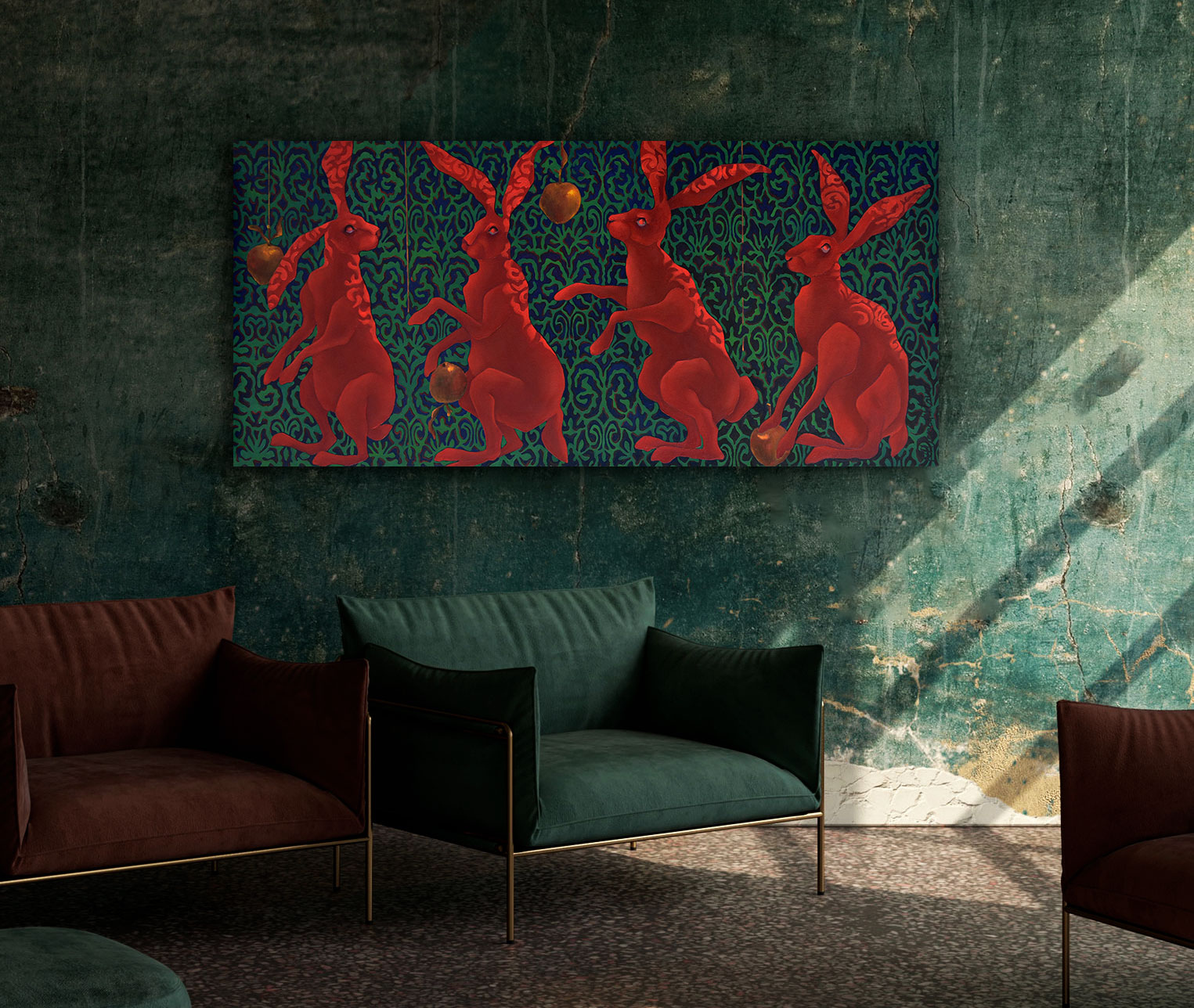 Painting by Marina Venediktova Red rabbits collect golden apples interior