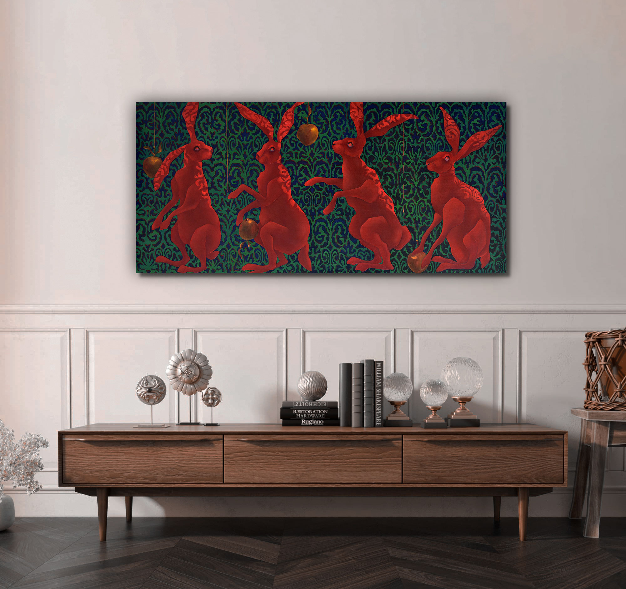 Painting by Marina Venediktova Red rabbits collect golden apples interior